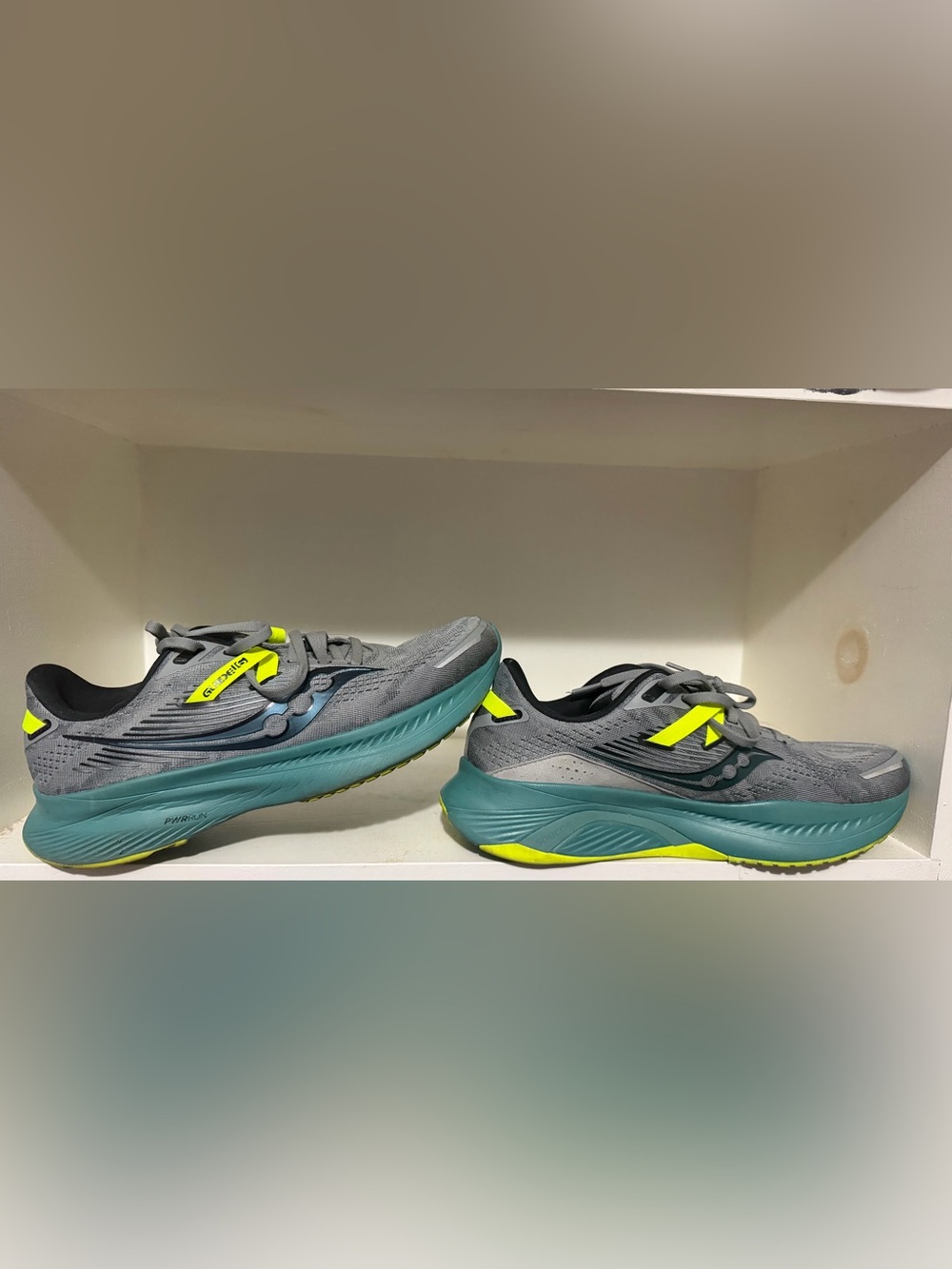 Saucony Grey & Teal Running Shoes with Neon Yellow Accents